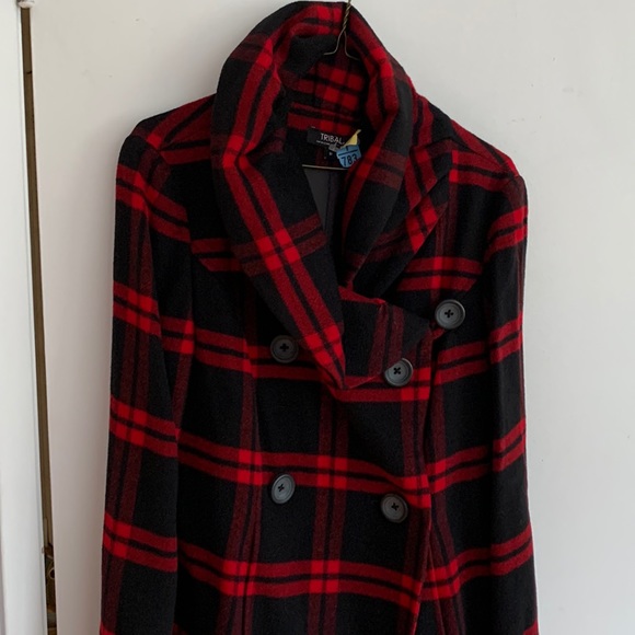 Red/black plaid tribal coat. Size 8. - Picture 1 of 5